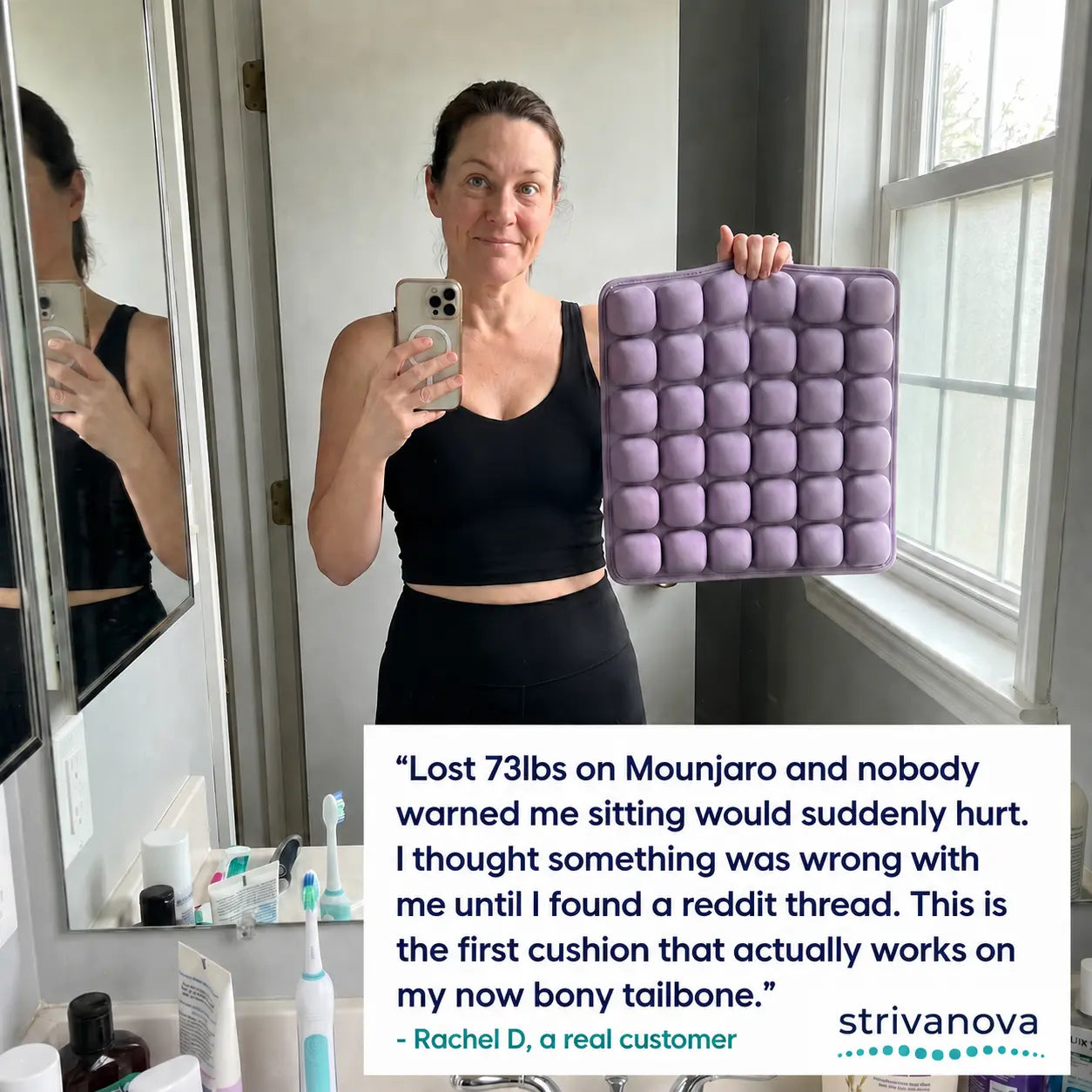 Woman who lost weight on Mounjaro holding the Strivanova AirCell cushion for tailbone pain