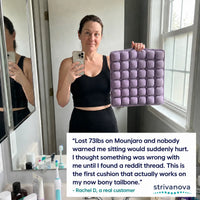 Woman who lost weight on Mounjaro holding the Strivanova AirCell cushion for tailbone pain